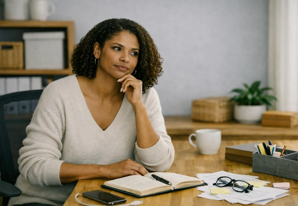 A woman sits at her desk in soft daylight, resting her chin on her hand as she reflects. Her workspace is calm and lightly scattered with papers, glasses, and a notebook.