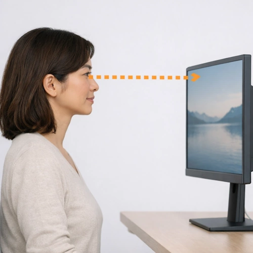 Woman sitting at a desk looking straight at a computer monitor, with an orange dotted line showing eye level aligned to the top of the screen.