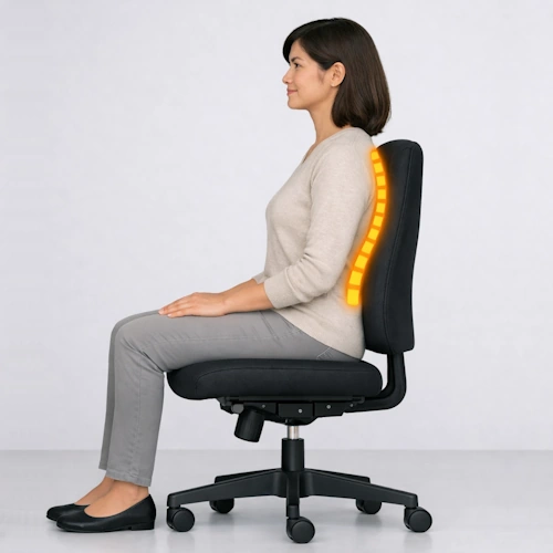 Woman sitting upright on an ergonomic chair with her back supported by the backrest, showing a glowing line along her spine to illustrate healthy posture.