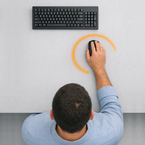 Man seated at a desk viewed from above, using a computer mouse with a relaxed arm position and smooth movement arc.