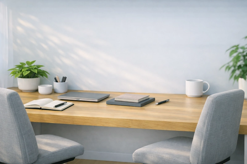 A minimalist workspace with a light wooden desk and two grey upholstered chairs facing each other. On the desk are an open notebook, closed laptop, stacked notebooks, pen, white mug, small bowl, and two potted plants placed at opposite ends. Soft daylight filters through sheer curtains, casting gentle shadows across the wall.